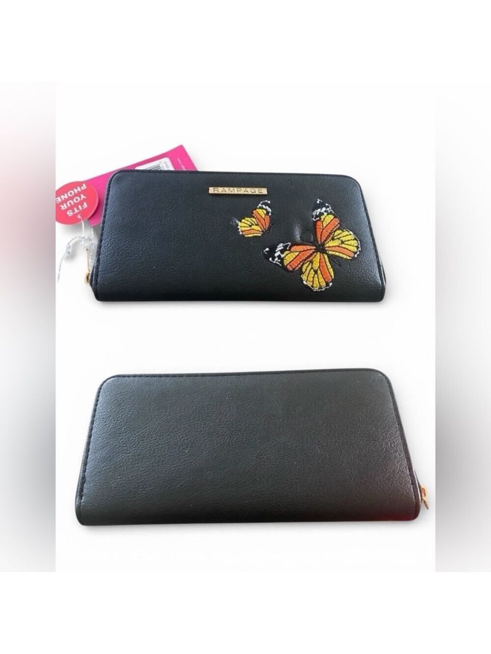 Rampage Monarch Butterfly Embroidered Wallet NWT Black Vegan Leather